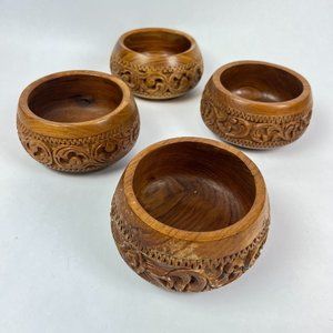 Vintage 4 Hand Carved MCM Decorative Wooden Bowl 4.5" Floral Carved Retro Bowls